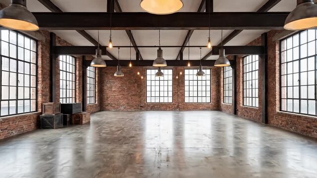 Empty industrial loft interior with exposed brick walls and large windows, minimal movement