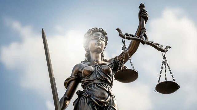 Lady Justice Statue with Scales and Sword Against a Bright Sky