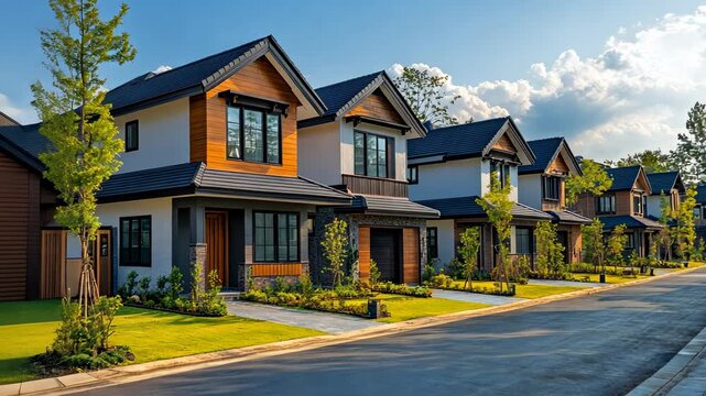 Modern Suburban Houses Lined Up Along a Paved Street on a Sunny Day