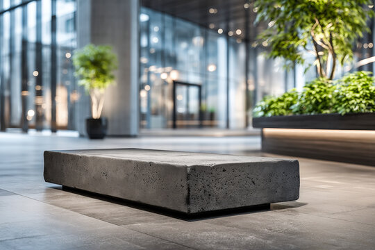 Matte black concrete plinth with subtle pores on clean floor, minimalist display base
