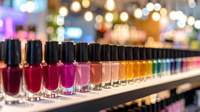 Rows of colorful nail polish bottles neatly displayed on a retail shelf