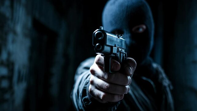 4k seamless video of a bandit pointing a gun. Concept of extortion and threat.