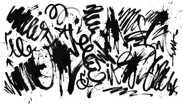 Graffiti spray paint squiggly lines with drips and paint splatters. Curly strokes with loops, bold brush drawn underlines, and blots. Aerosol effect grunge clip art. Hand drawn street art elements. 