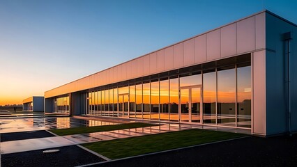Fototapeta premium Modern industrial building with mirrored windows reflects a vibrant sunset sky