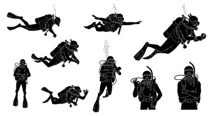 silhouettes of scuba divers with full gear swimming and floating underwater perfect for illustrating deep-sea exploration and water sports.
