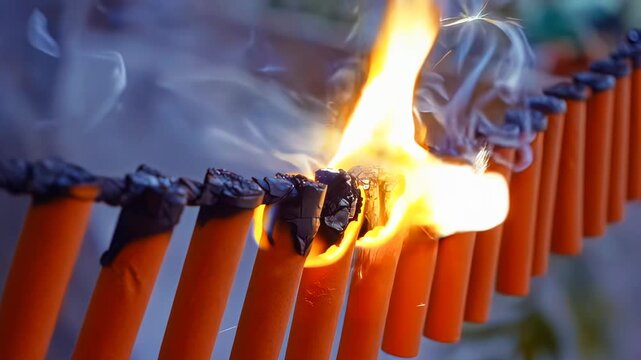 Sequence of fire igniting along a row of lit firecrackers, showcasing the gradual spread of flames and smoke in a vibrant outdoor setting