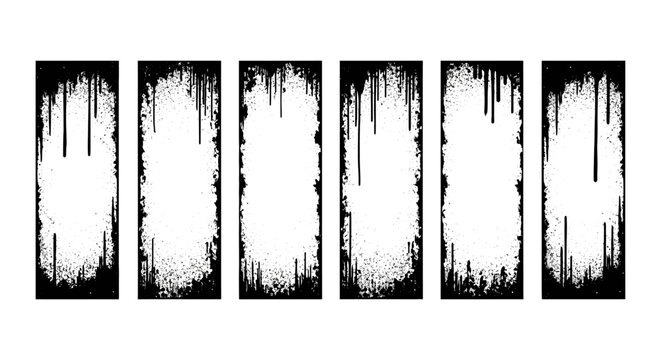 six black grunge frames with dripping paint distressed border design for social media stories artistic graphic elements.