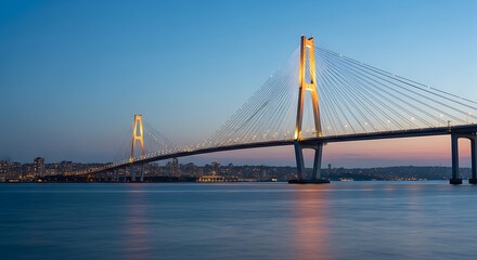 Fototapeta premium Cable-stayed bridge over calm waters at dusk with illuminated towers and cityscape in the background