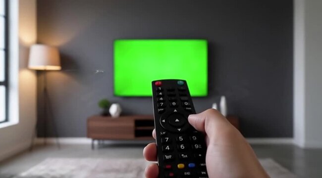 VFX and Post-Production Chroma Key Element with person pointing a tv remote pressing buttons in front of green screen distortion, overlay, glitch, static noise, scan lines on black background, 4k