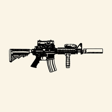 Modern Tactical Rifle Engraved Monochrome Illustration