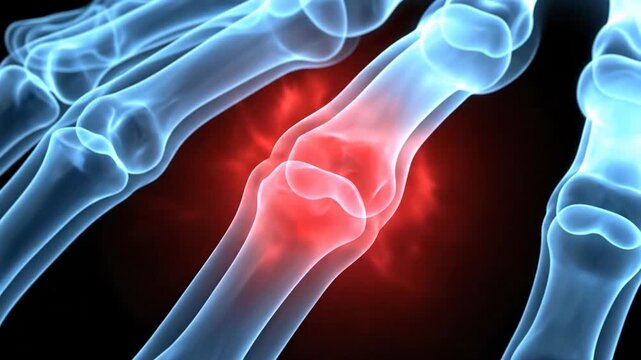 Close Up Medical Animation of Human Hand Bones Showing Painful Inflamed Joint with Red Glow on Black Background Scientific Illustration of Arthritis or Injury