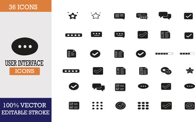 Naklejka premium User Interface Icons Set with 36 Editable Vector Graphics Featuring Ratings, Checkmarks, Chat Bubbles, and UI Elements in Black and White