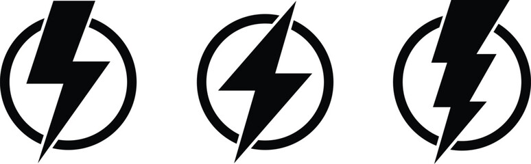 Lightning Bolt Power Icon Set &mdash; Electric Energy Symbol in Circle, Simple Black Vector
