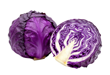 Obraz premium Whole and Halved Red Cabbage Showing Purple and White Vein Patterns
