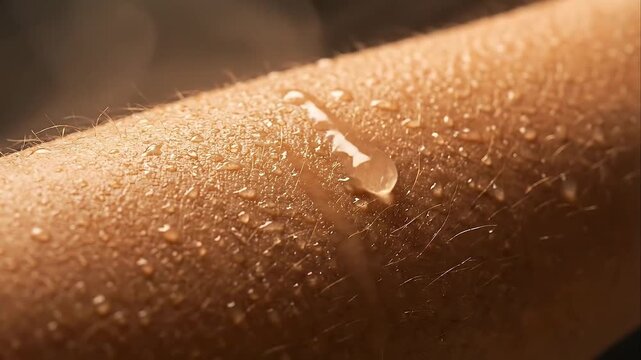 Extreme Close Up Macro Shot Of A Human Arm Covered In Sweat Droplets Reflecting Warm Sunlight With Hairs Visible On The Skin And A Soft Out Of Focus Background Showing A Warm Glow And Subtle Mist