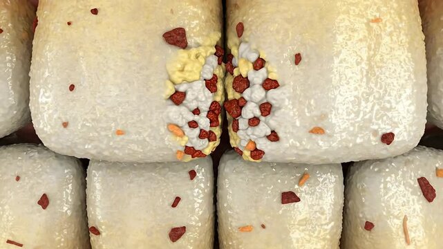 Macro View Of Unhealthy Human Teeth Covered In Yellow Plaque And Food Particles Showing Gums And Oral Cavity With Detailed Texture And Red Irritation