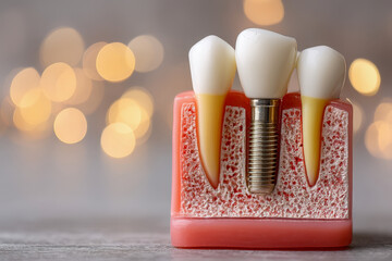 Obraz premium Dental implant cross-section model showing crown, gum tissue, bone and screw