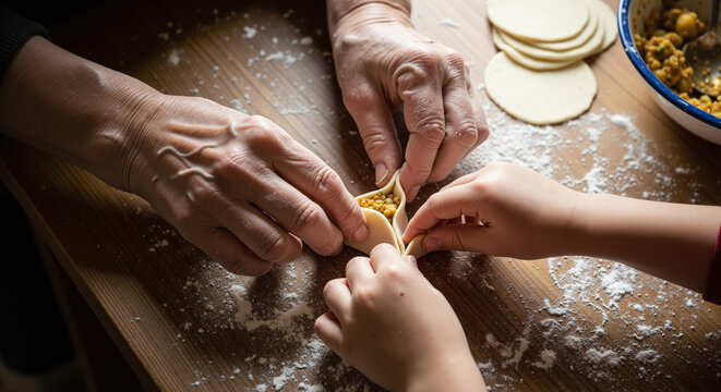 Close-up of family hands making traditional triangular pastries for Ramadan or Eid al-Fitr on a floured wooden table.