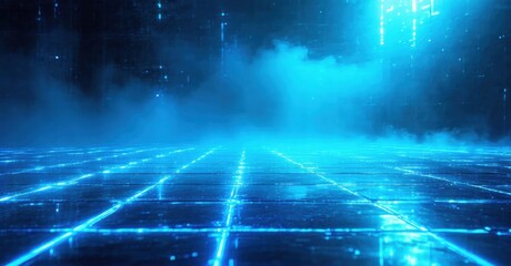 Futuristic grid floor glows brightly. Blue light dominates scene, fog obscures distant details. Digital aesthetic creates immersive space.