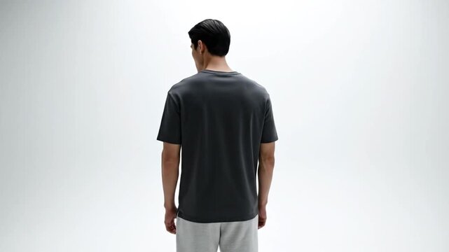 Man standing alone in a minimalist setting wearing casual attire from a rear viewpoint