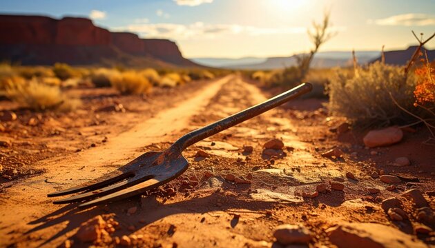 Rusty Bent Fork Abandoned on Dusty Dirt Path in Arid Landscape, Photorealistic DSLR Style