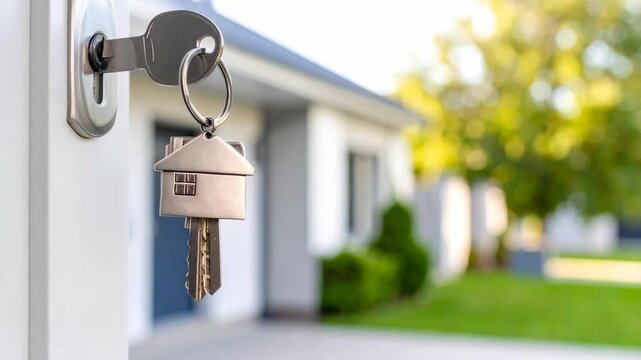 Close-up of a house key with a house-shaped keychain in a door lock