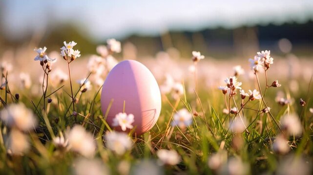 Single pink egg nestled in blooming meadow on a bright spring day