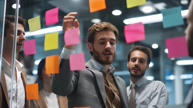 Business team collaborates on brainstorming session with sticky notes in modern office space during afternoon meeting