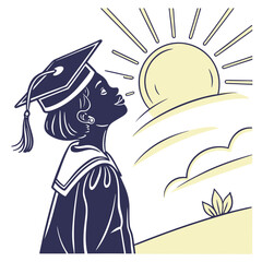 Graduation Silhouette Looking at Sun, Symbol of Hope and Future