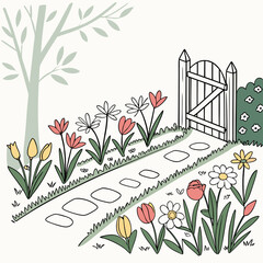 Whimsical Garden Path with Flowers and Gate Illustration