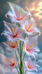 Fototapeta premium White pearl background, transparent washed-out watercolor, shimmering powder, airy, sunny, luxurious white flowers, close-up, glitter, dew drops, transparent, sparkle marble