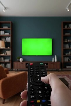 VFX and Post-Production Chroma Key Element with person pointing a tv remote pressing buttons in front of green screen distortion, overlay, glitch, static noise, scan lines on black background, 4k