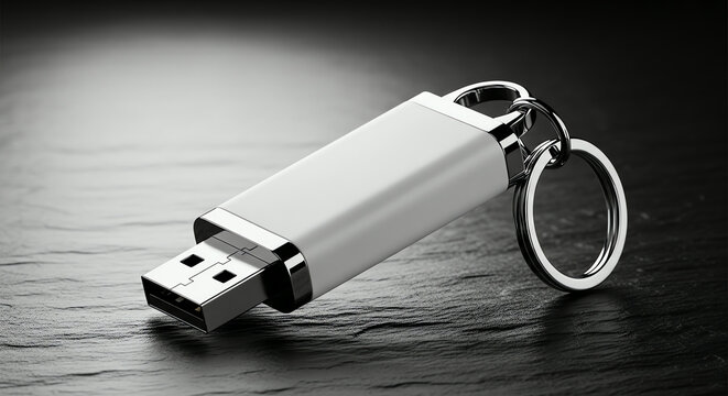 White USB Flash Drive with Keychain on Dark Stone Background