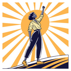 Determined Woman Rises with Fist Raised at Sunrise