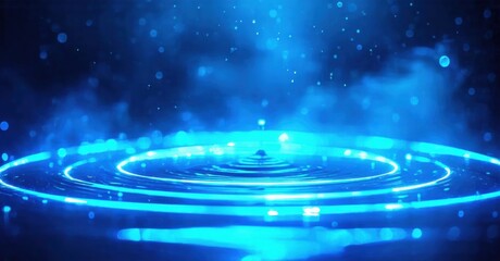 Obraz premium Bright blue ripples emanate from waters center. Circular light patterns radiate outward, creating dynamic visual effect. Dark background enhances luminosity.