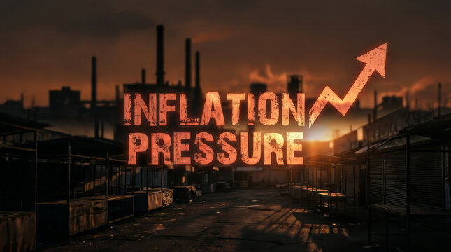 Inflation pressure text with upward arrow over grim industrial factory landscape at sunset. concept showing economic crisis, recession, and financial decline