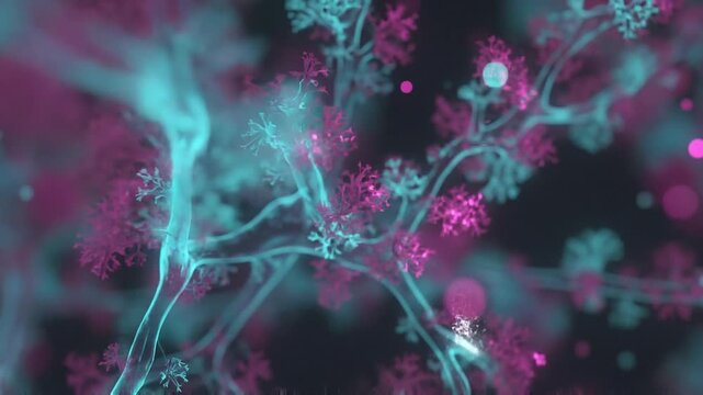 Abstract microscopic view of glowing neural network or biological structures in teal and magenta.