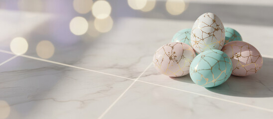 Obraz premium Gold and pastel Easter eggs on marble background with bokeh. Elegant holiday design for greeting card or banner template.