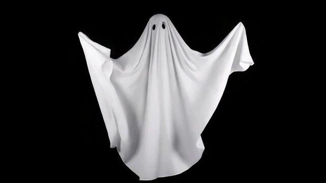 Spooky white ghost costume with dark eyes floating against a black background