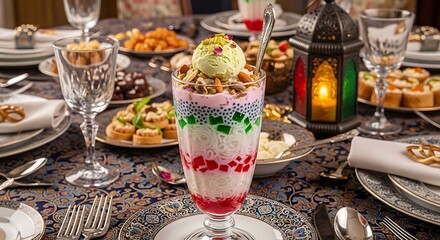 Obraz premium Delicious layered dessert with ice cream and nuts on a festive table setting.