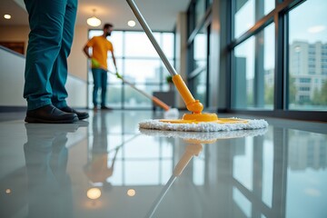 Professional Janitor Perfectly Mopping Spotless Floor in Commercial Building, Demonstrating Diligent Janitorial Service