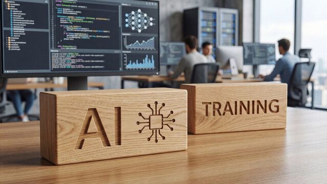 AI training wooden blocks concept in software development office with programmers coding machine learning neural network algorithms for artificial intelligence enterprise technology implementation