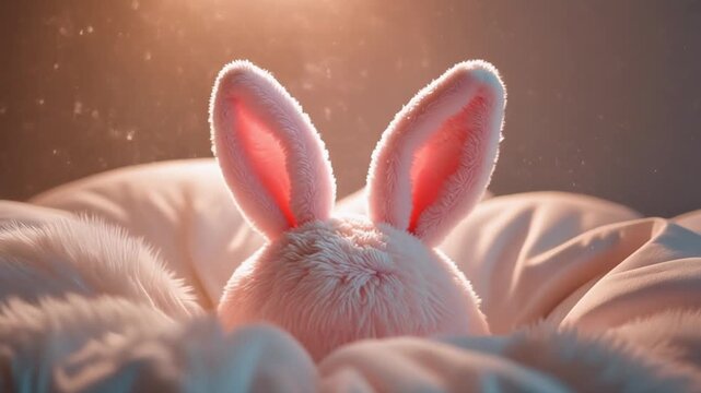 Magical soft bunny ears rising slowly from cloud-like white fabric in a pastel-toned 