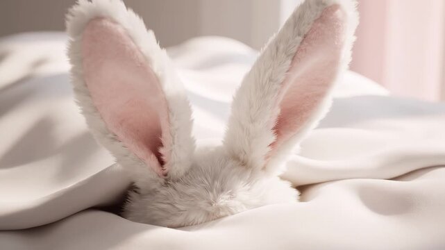 Magical soft bunny ears rising slowly from cloud-like white fabric in a pastel-toned 