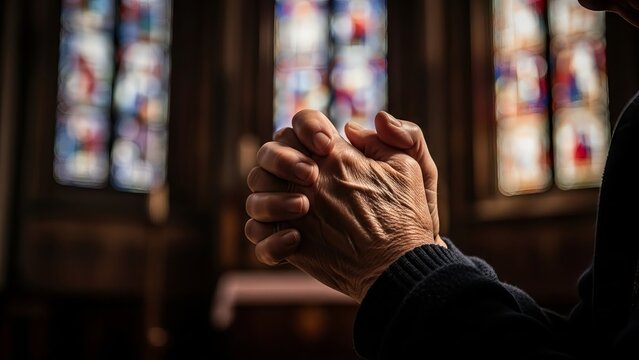 Elderly person praying hands clasped in a church pew. Woman in prayer with stained glass background at a chapel.