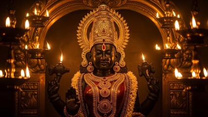 Fototapeta premium Dark-skinned deity in gold and red, holding lamps, within ornately lit temple sanctuary. Ancient divine figure in ceremonial attire.