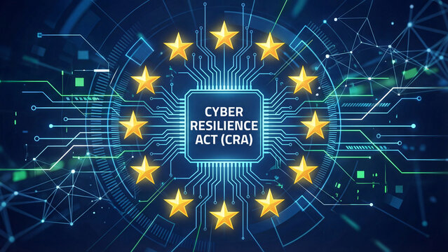 European Union Cyber Resilience Act CRA digital security legislation concept with processor chip and EU stars representing mandatory cybersecurity compliance standards