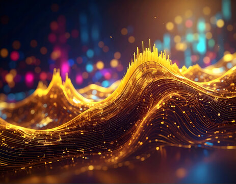 Abstract Golden Wavy Financial Data Chart with Bokeh Background Illustration