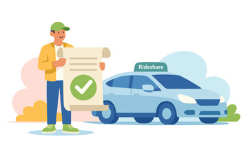 Naklejka premium Man holding document with checkmark next to ride share car.