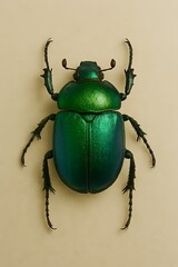 A large green beetle specimen is shown from a top view, displaying its vibrant color and detailed anatomy on a neutral beige background.